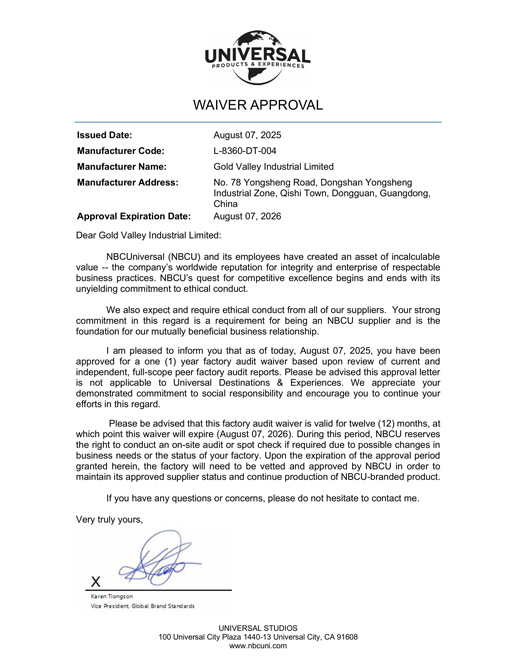 Gold Valley Industrial Limited Renews Universal Studios Production Approval for Another Year